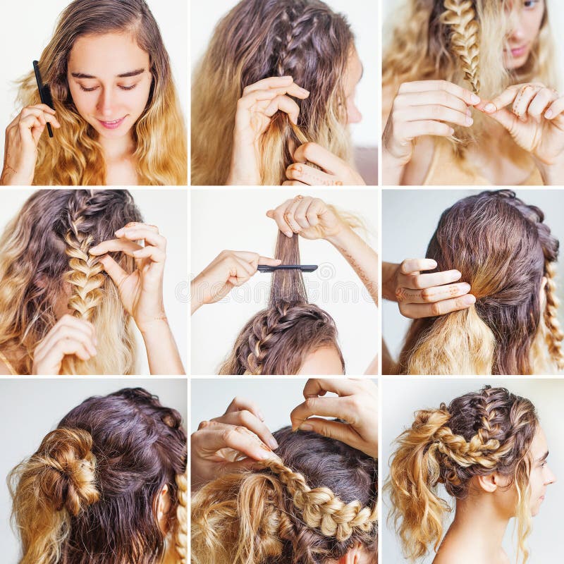 Braided updo tutorial for a curly hair stock image Braided updo tutorial for a curly hair stock image