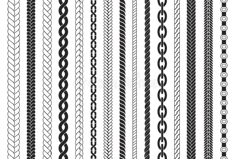 Plaits and braids pattern brushes. Knitting, braided ropes vector, braid  pattern 