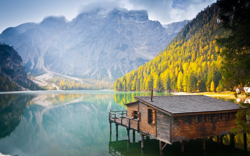 Hut on Braies lake and Dolomiti, Trentino Alto Adige, Italy. Hut on Braies lake and Dolomiti, Trentino Alto Adige, Italy