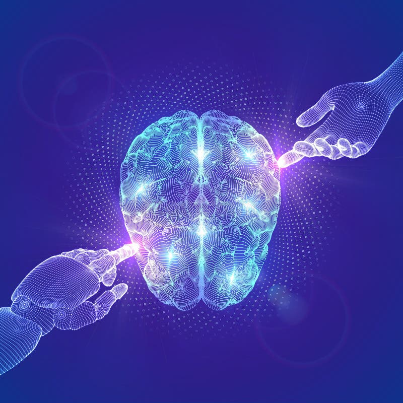 Brain. AI. Artificial Intelligence. Neural network. Hands of Robot and Human touching digital brain with binary code. IQ testing. vector illustration