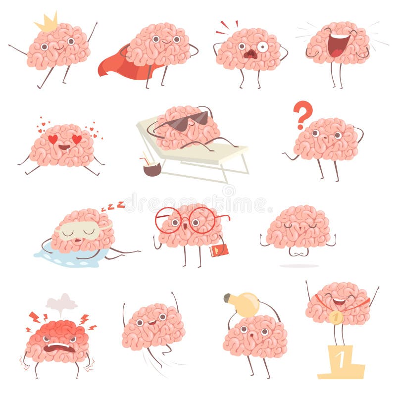 Brain cartoon. Happy cartoon mascot in action poses walking sleeping making exercises vector illustrations