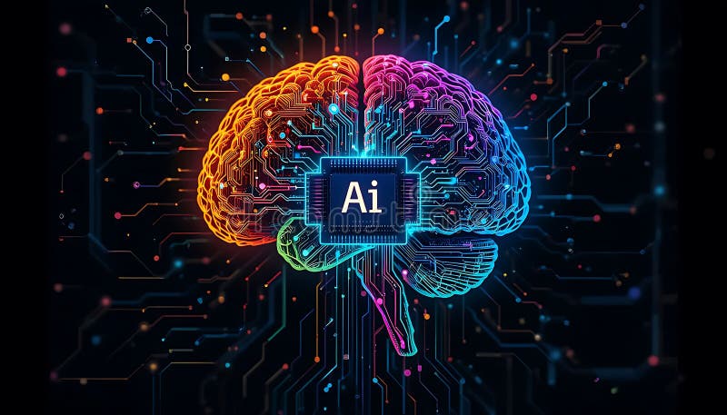 Brain and Circuit Board and ai chip. AI chip. Artificial Intelligence Brain. Neural Network, colorful Human brain connected to royalty free illustration