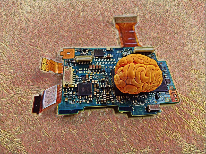 Brain on a circuit board with microchips depicting artificial intelligence stock illustration