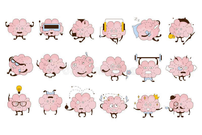 Brain Different Activities And Emotions Icon Set. Comic Style Outlined Hand Drawn Emojis Isolated On White Background. Brain sleeping vectors