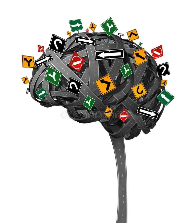 Cerebro dirección neurología demencia enredado carreteras en Rostro de hombre pensamiento el organo confuso calles operación sellos cómo metáfora memoria pérdida confusión sobre el blanco.