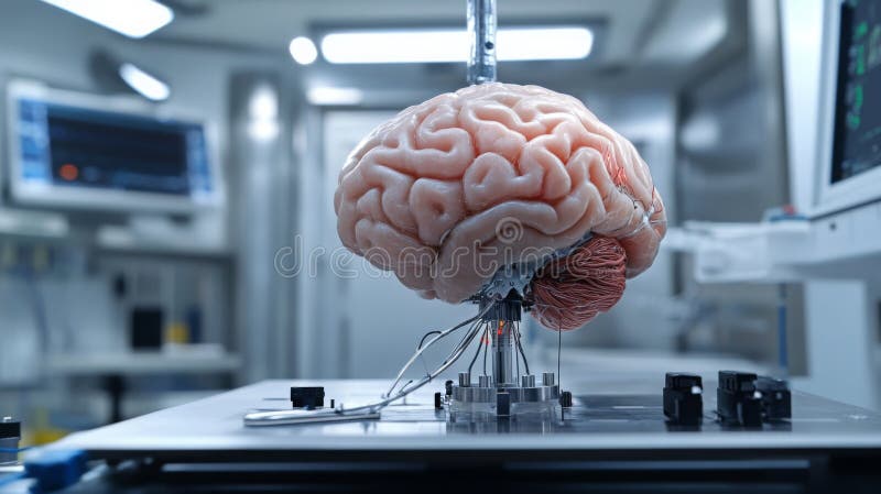 A brain displayed in a laboratory setting, connected to research equipment for analysis stock image
