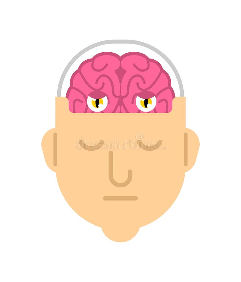 Brain with eyes in head. Man sleeping Brains work. Don `t sleep think. Brain sleeping vectors