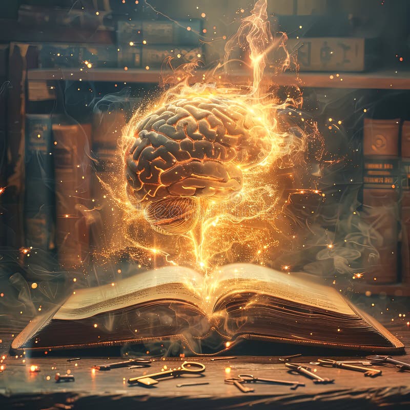 A brain is floating in front of an open book royalty free stock photos