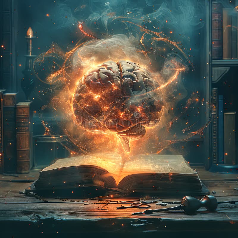 A brain is floating in front of an open book. royalty free stock photos
