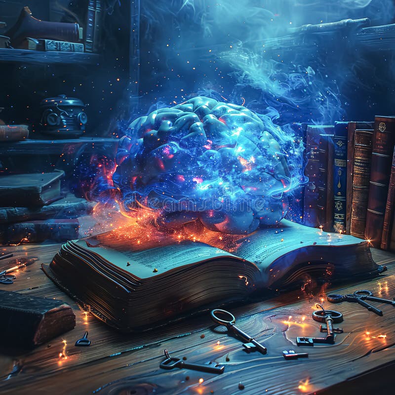 A brain is floating in front of an open book. stock images