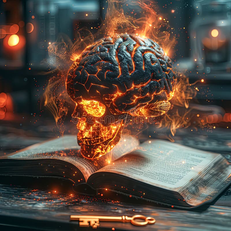 A brain is floating in front of an open book. royalty free stock photo