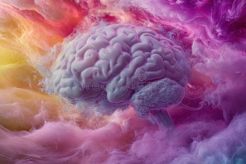 Abstract representation of a brain surrounded by colorful clouds in a vibrant atmosphere stock illustration