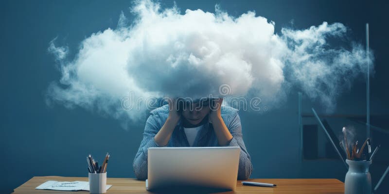 Brain fog, where a person sits at a desk with a cloudy haze surrounding their head royalty free stock image