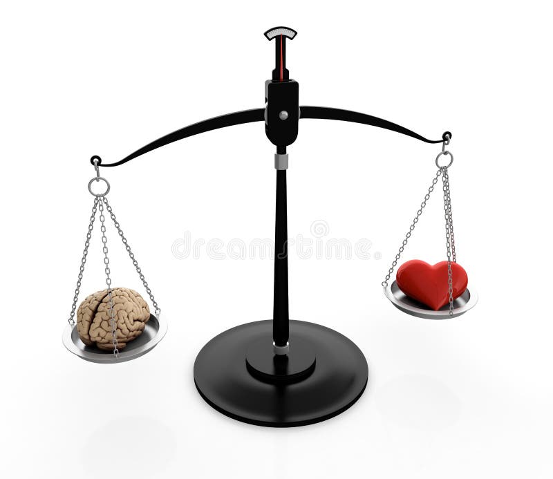 3D illustration of brain and heart on scales isolated on white