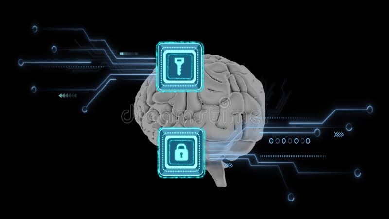 Brain with key and lock icons, cybersecurity concept animation royalty free illustration