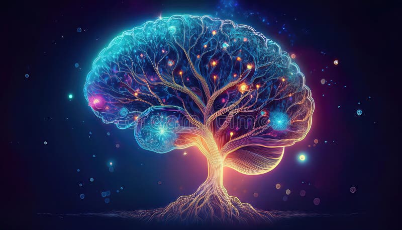 Brain luminos Arbore O fuziune electrificatoare de elemente organice și abstracte evocând un ecosistem suprareal într-o paletă vib vector illustration