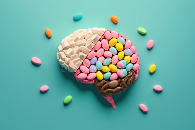 Brain Made from Candies on Bright Colored Background, Created with
