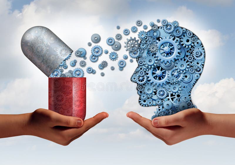 Cervello medicina salute mentale concetto come le mani in possesso di un open pillola capsula a rilascio di ingranaggi di una testa umana, fatta di macchina ruote dentate come un simbolo per il settore farmaceutico della scienza di neurologia e il trattamento di malattie psichiche.