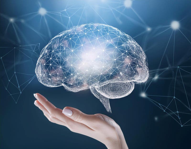 Close up of brain and neural network illustrations representing intelligence and knowledge, symbolizing cognition, thinking, and mental processes. Ideal for topics related to neuroscience, psychology, and intellectual development