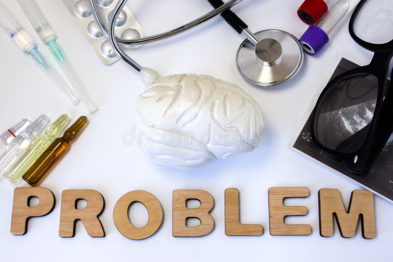 Brain problems concept photo. 3D figure of brain is near word problem and set of medical equipment and drugs. Idea of problems with mental or cognitive brain normal vital activity and function organ