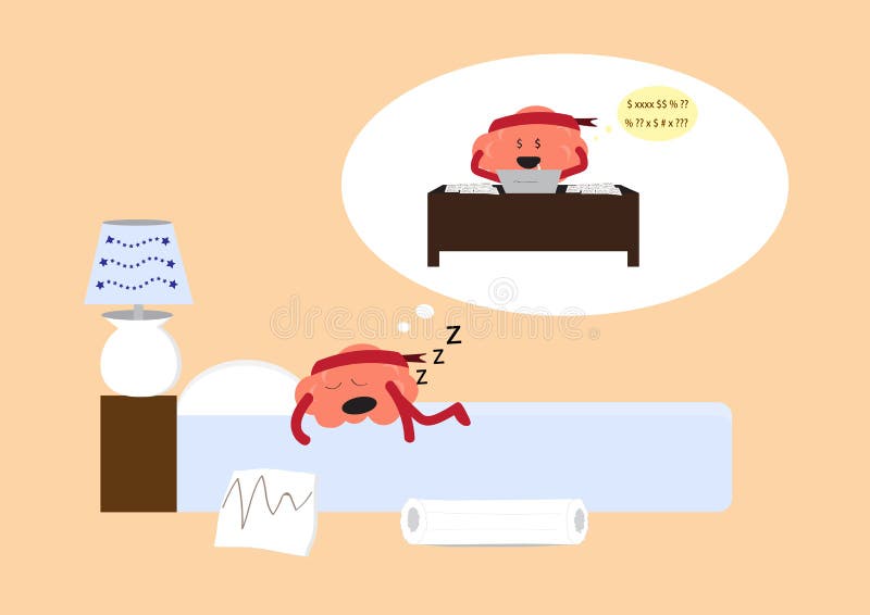 Brain cartoon character vector illustration sleeping and dreaming brain working. Brain sleeping vectors