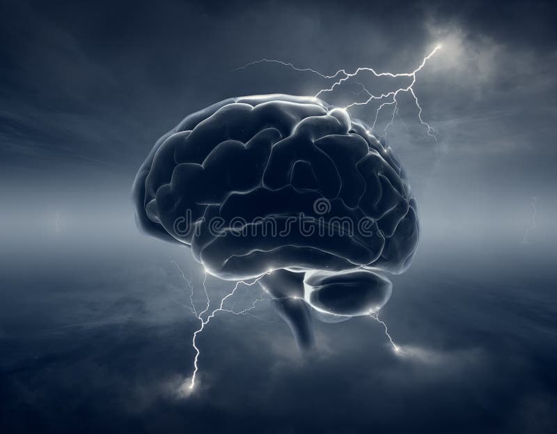 Brain in stormy clouds - conceptual brainstorm royalty free illustration
