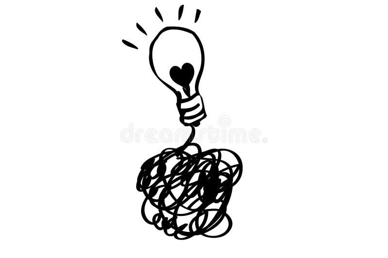 Brain with switch and bulb light cartoon illustration graphic design on white. Doodle style stock images