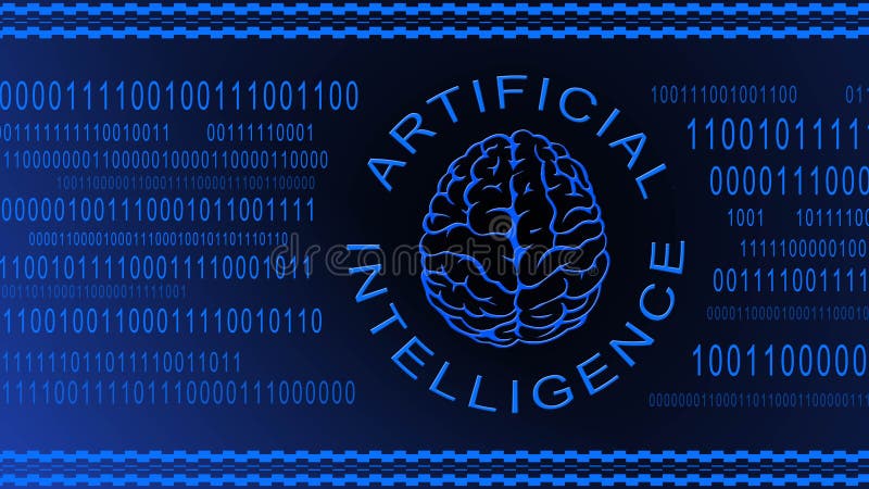 Brain symbol centered in artificial intelligence lettering on blue binary code background - symbolic of AI artificial intelligence vector illustration