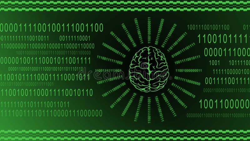 Brain symbol centered in rays of binary code on green digital background - symbolic of AI artificial intelligence stock illustration
