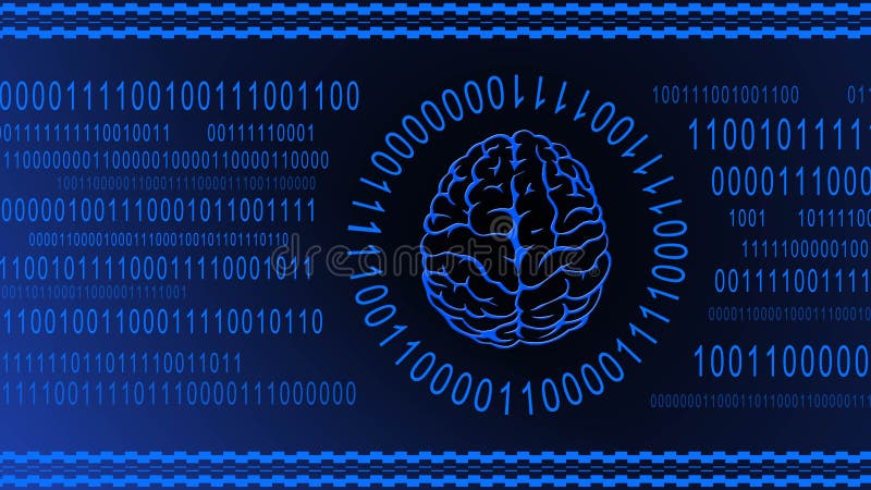 Brain symbol centered in a ring of binary code on blue digital background - symbolic of AI artificial intelligence stock illustration