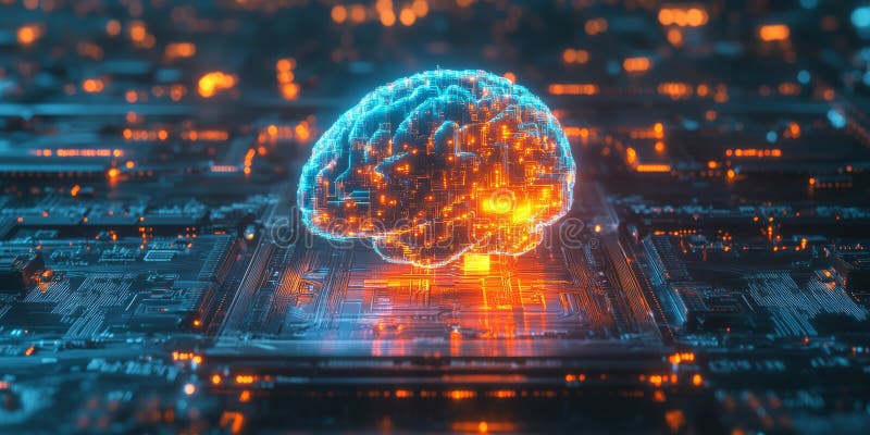 A brain on top of a motherboard in a computer generated image stock photo
