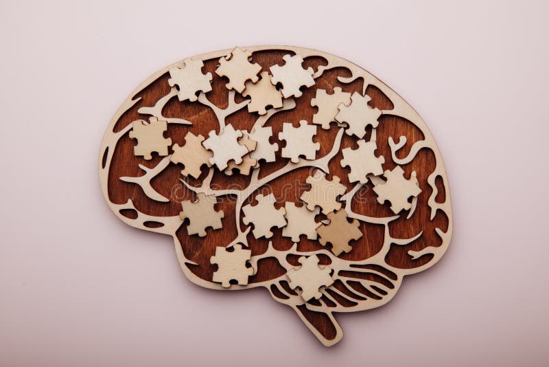 Brain with Wooden Puzzles. Mental Health and Problems with Memory Stock