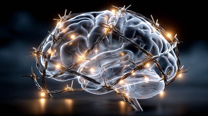 A brain wrapped in barbed wire. A conflict between the mind and external circumstances. Stress or mental tension vector illustration