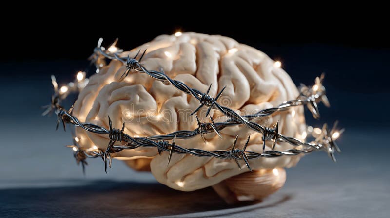 A brain wrapped in barbed wire. A conflict between the mind and external circumstances. Stress or mental tension stock illustration