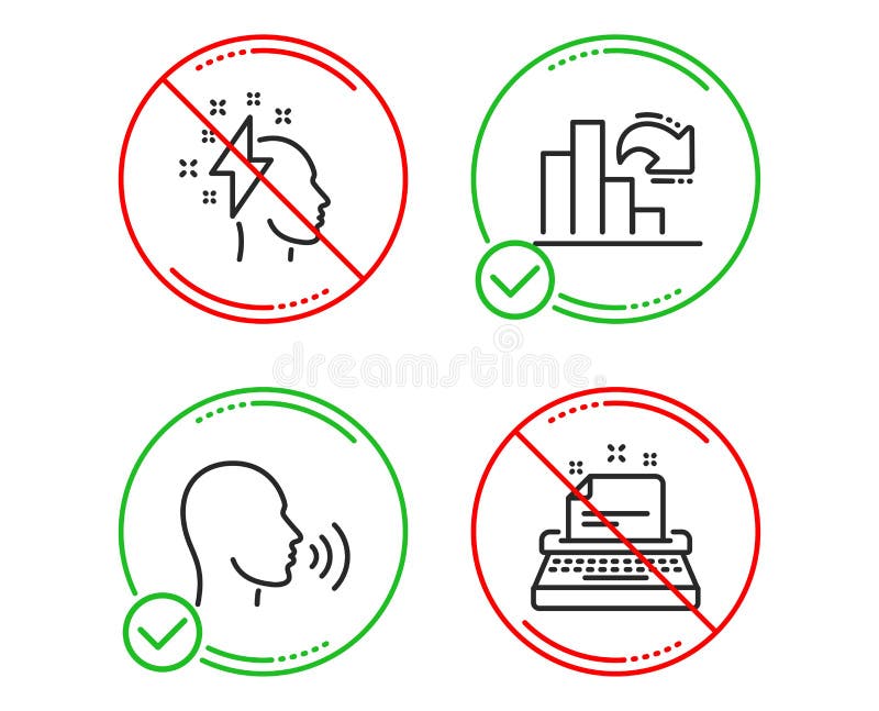 Brainstorming, Decreasing graph and Human sing icons set. Typewriter sign. Lightning bolt, Column chart, Talk. Vector royalty free illustration Brainstorming, Decreasing graph and Human sing icons set. Typewriter sign. Lightning bolt, Column chart, Talk. Vector royalty free illustration