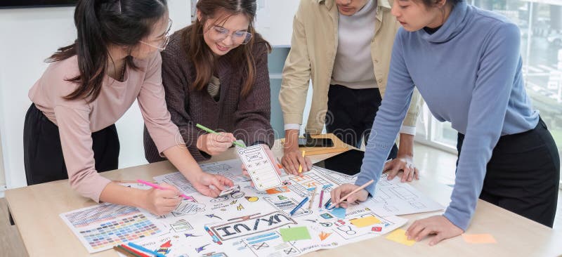 Brainstorming session for the creative team of designers in application design and implementation planning ux ui royalty free stock photos