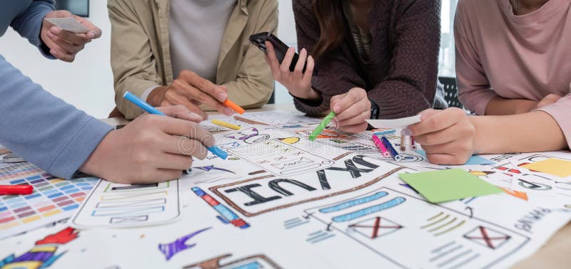 Brainstorming session for the creative team of designers in application design and implementation planning ux ui royalty free stock photos