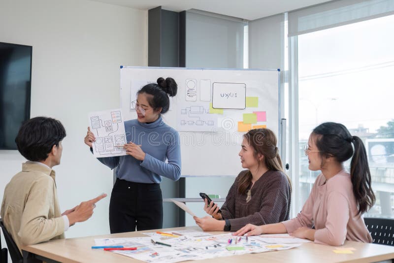 Brainstorming session for the creative team of designers in application design and implementation planning ux ui stock photos
