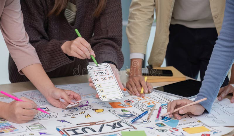 Brainstorming session for the creative team of designers in application design and implementation planning ux ui stock photo