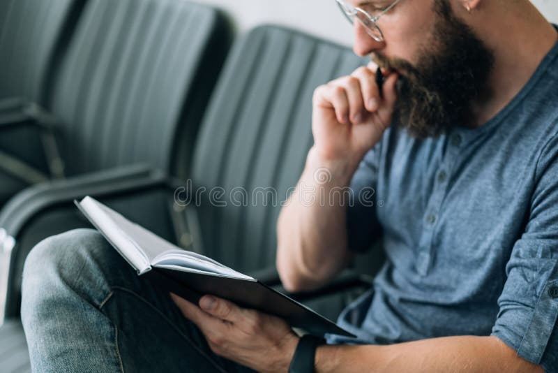 Brainwork thinking focused man read data notepad royalty free stock photo Brainwork thinking focused man read data notepad royalty free stock photo