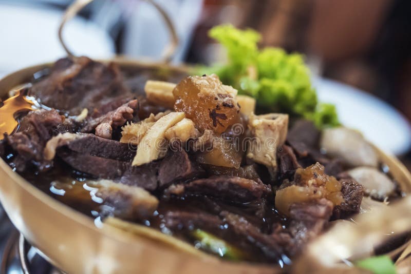Braised Beef in a Brass Pan Set on the Gas Stove Stock Image Image of