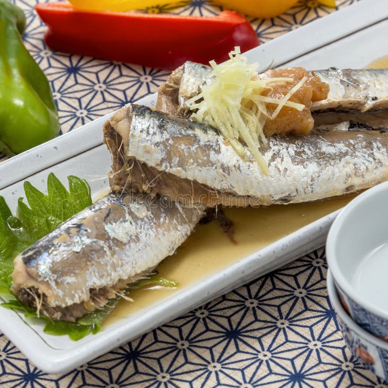 Braised Mackerel Fish with Chili on White Platter Stock Image Image
