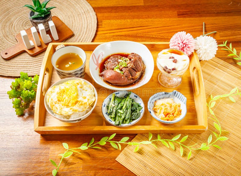Braised Pork Knuckle Rice, Miso Soup, Braised Pig Feet, Tofu Pudding
