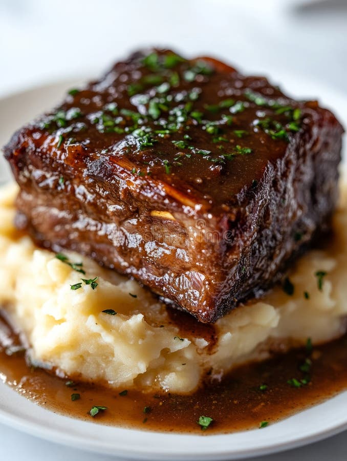Braised short rib on mashed potatoes, garnished with herbs. stock photo