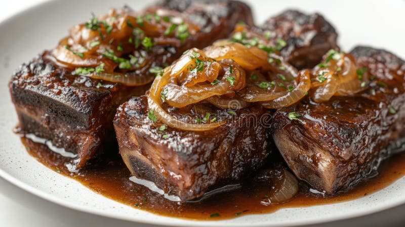 Braised short ribs with caramelized onions. stock photo