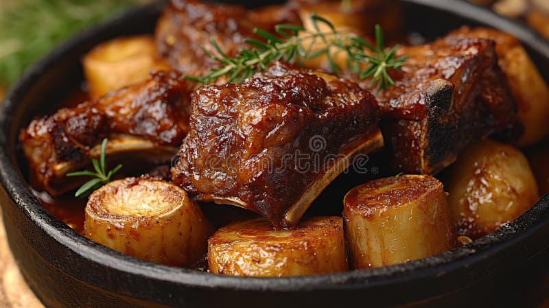 Braised short ribs and potatoes, rustic setting, close-up royalty free stock images