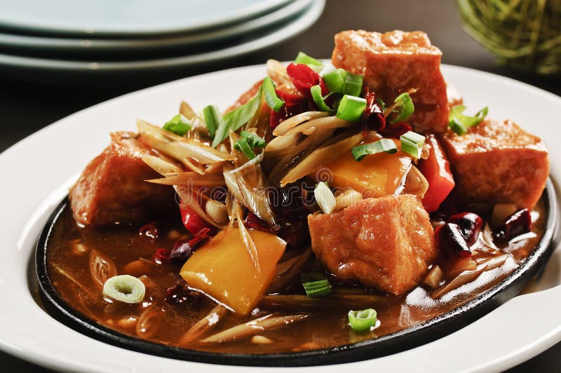 Braised Tofu with Onion and Sauces on White Plate Stock Image Image