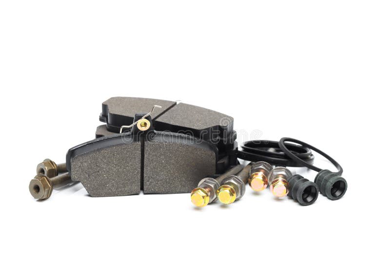 Brake Pads and Brake Caliper Guides Isolated on White Background Stock