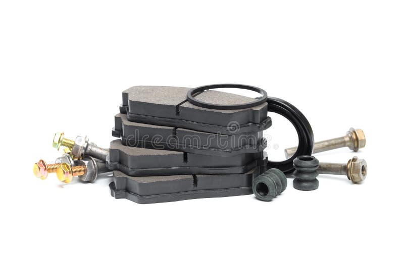 Brake Pads and Brake Caliper Guides Isolated on White Background Stock