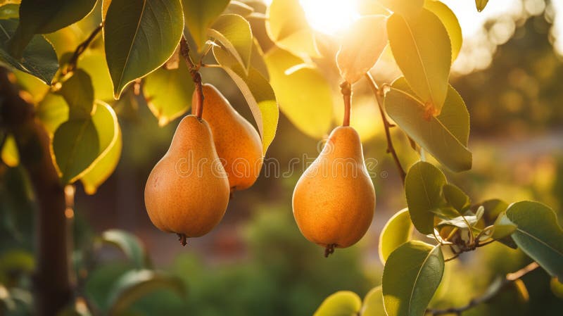Branch of ripe organic cultivar of pears close-up in the summer garden. Generative AI stock image